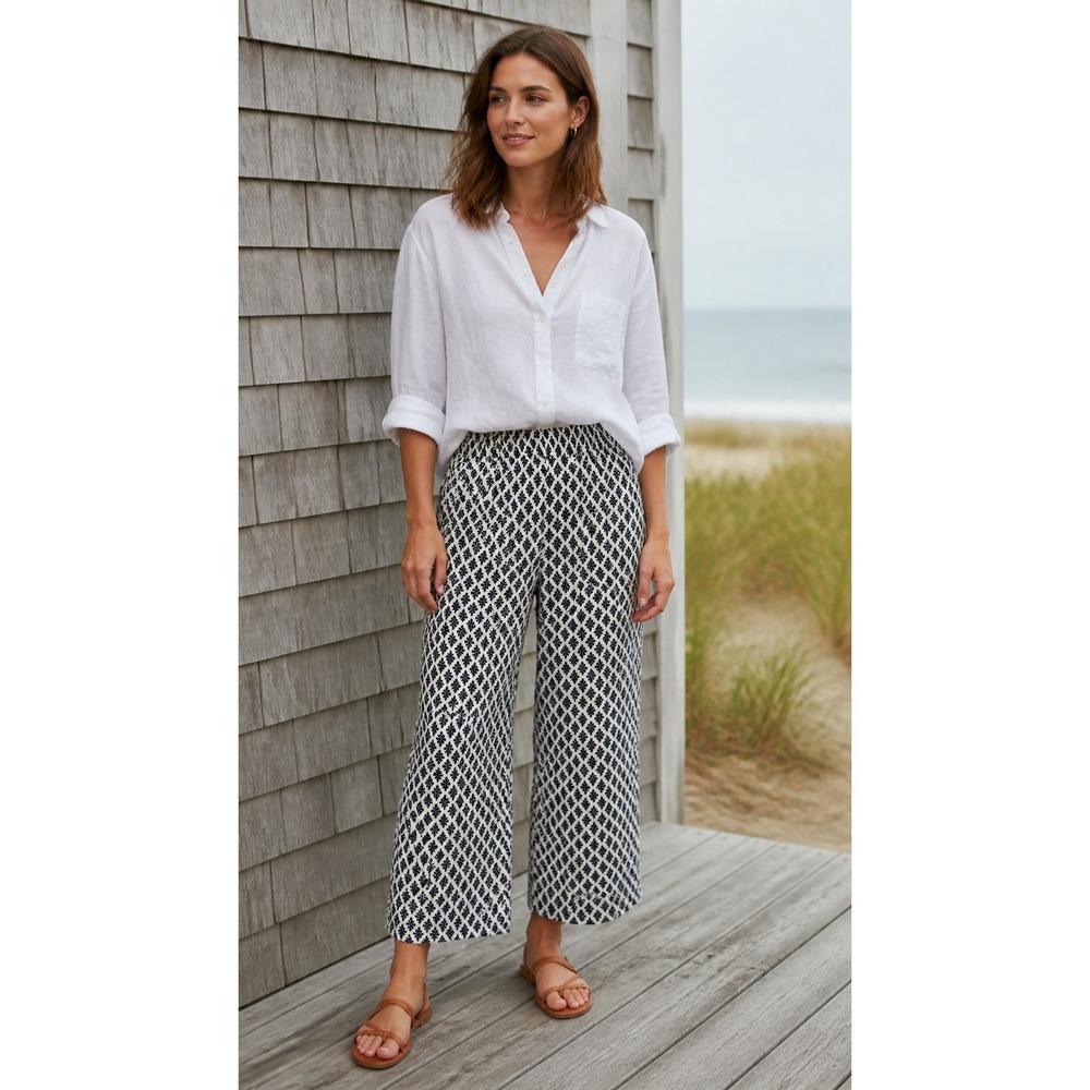 J.Jill Wearever Navy White Leaf Print Culotte Pants Large long